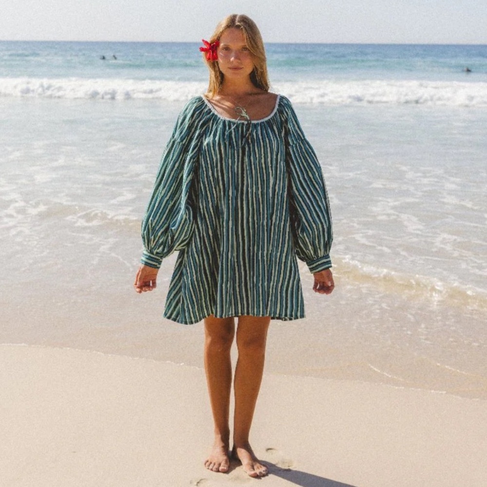Daughters of India Green & White Striped Peasant Dress